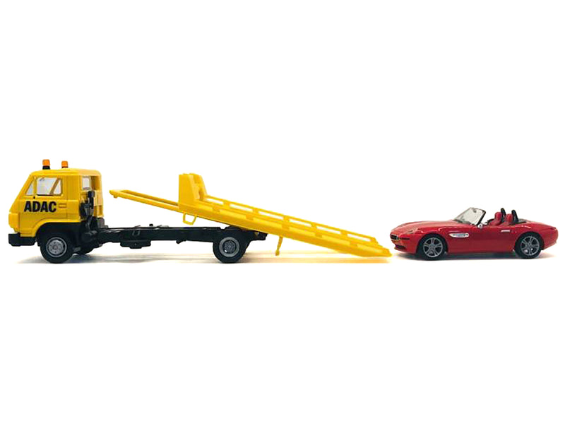 Flatbed Tow Truck "ADAC" Yellow and BMW Z4 Convertible Red Set of 2 pieces 1/87 (HO) Plastic Model Cars by Promotex