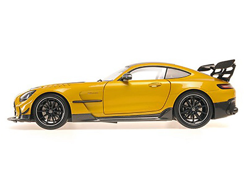 2021 Mercedes-Benz AMG GT Black Series Solarbeam Yellow Metallic with Black Top and Hood Stripes 1/18 Diecast Model Car by Minichamps