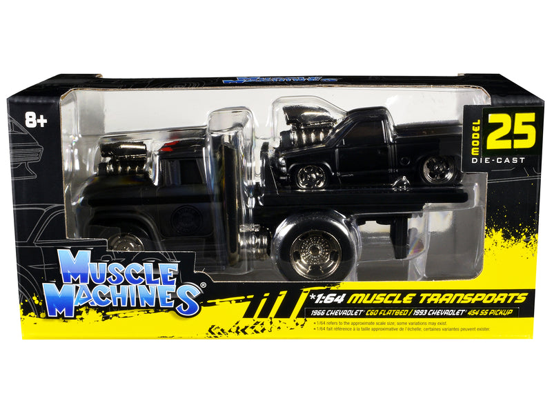 1966 Chevrolet C60 Flatbed Truck Matt Black and 1993 Chevrolet 454 SS Pickup Truck Matt Black "Muscle Transports" Series 1/64 Diecast Models by Muscle Machines