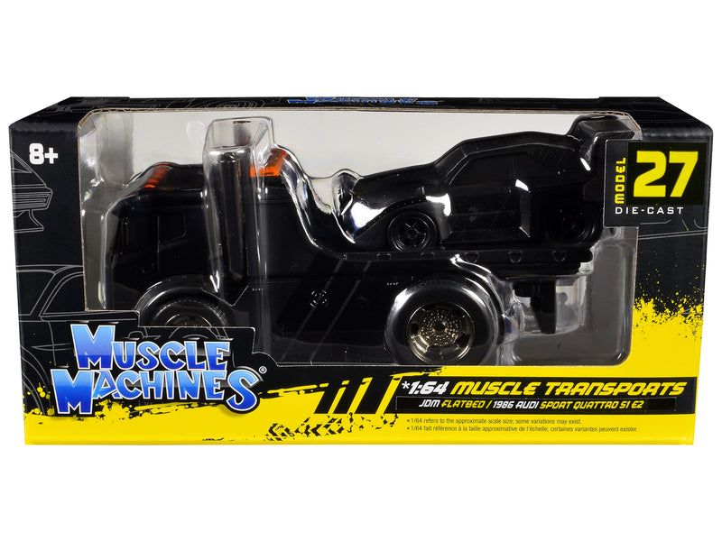 JDM Flatbed Truck Matt Black and 1986 Audi Sport Quattro S1 E2 Matt Black "Muscle Transports" Series 1/64 Diecast Models by Muscle Machines