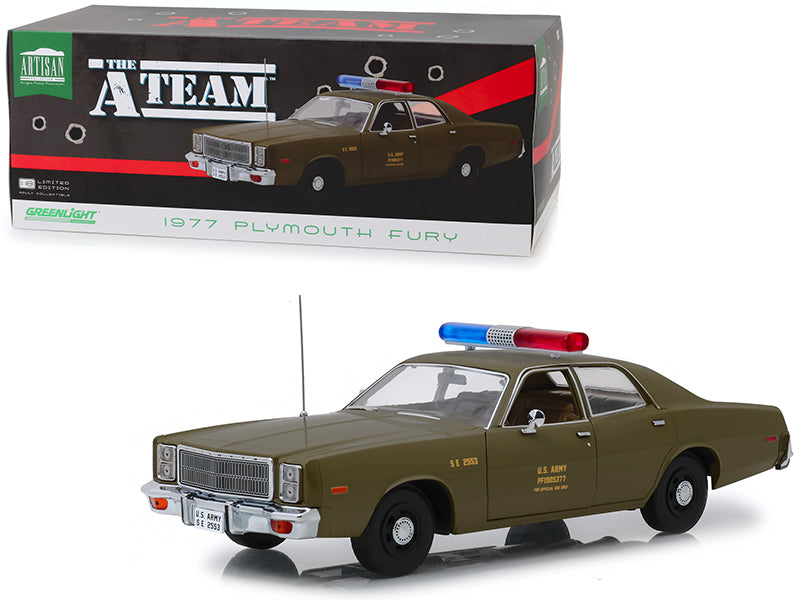 1977 Plymouth Fury U.S. Army Police Army Green "The A-Team" (1983-1987) TV Series 1/18 Diecast Model Car by Greenlight