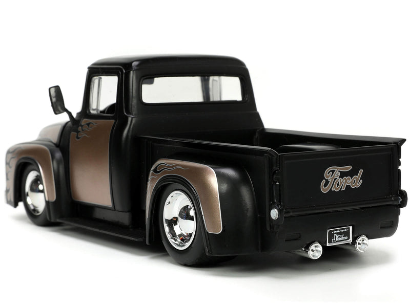 1956 Ford F-100 Pickup Truck Matt Black and Champagne with Flames with Extra Wheels "Just Trucks" Series 1/24 Diecast Model Car by Jada