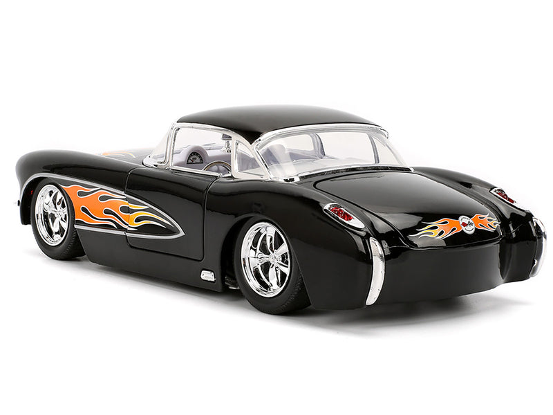 1957 Chevrolet Corvette Black with Flame Graphics and White Interior "Bigtime Muscle" Series 1/24 Diecast Model Car by Jada