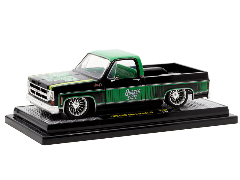 1976 GMC Sierra Grande 15 Pickup Truck "Quaker State" Black with Green Top Graphics and Interior Limited Edition to 6650 pieces Worldwide 1/24 Diecast Model Car by M2 Machines