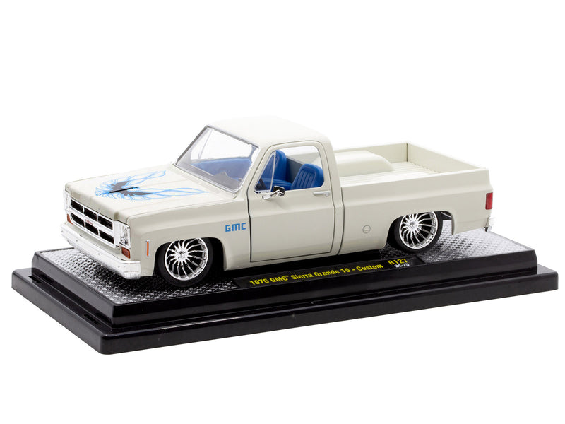 1976 GMC Sierra Grande 15 Custom Pickup Truck Eggshell White with Hood Graphics and Blue Interior Limited Edition to 6650 pieces Worldwide 1/24 Diecast Model Car by M2 Machines