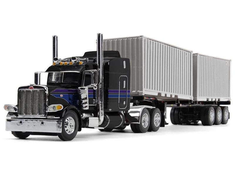 Peterbilt 389 with 63" Mid-Roof Sleeper and Container Trailer and Two 20' Dry Goods Containers Jet Black with Stripes "DCP Exclusive" Series 1/64 Diecast Model by DCP/First Gear