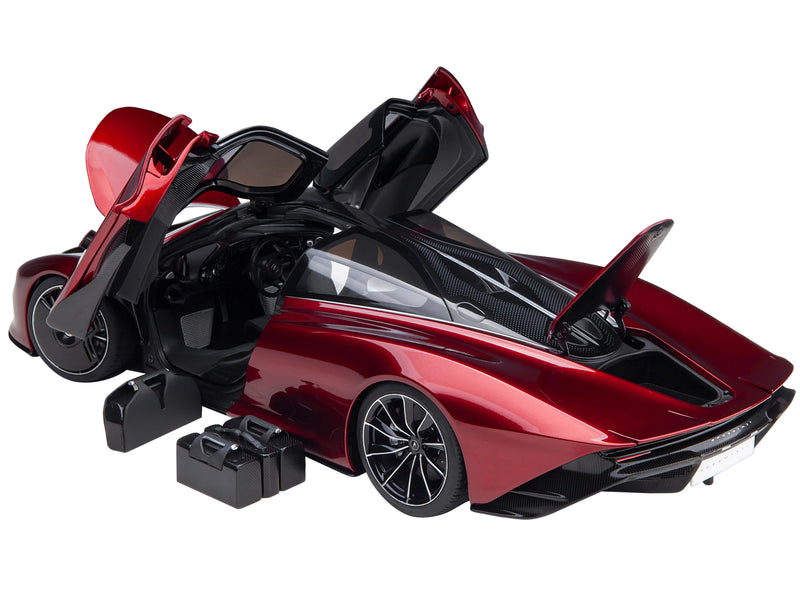 McLaren Speedtail Volcano Red Metallic with Black Top and Suitcase Accessories 1/18 Model Car by Autoart