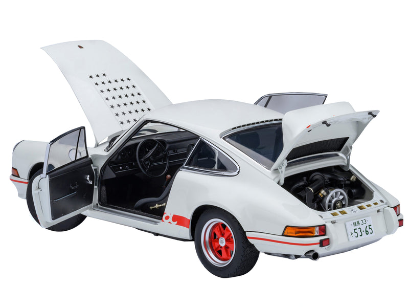 Porsche 911 Carrera 2.7 RS "The Circuit Wolf" White with Red Stripes and Wheels with Hood Graphics 1/18 Model Car by Autoart