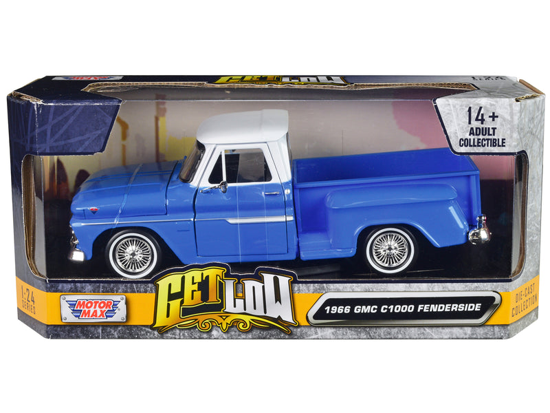 1966 GMC C1000 Fenderside Pickup Truck Lowrider Blue with White Top "Get Low" Series 1/24 Diecast Model Car by Motormax