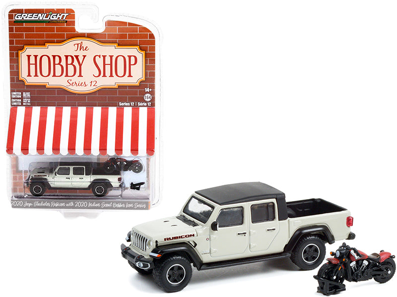 2020 Jeep Gladiator Rubicon Pickup Truck Beige with Black Top and 2020 Indian Scout Bobber Icon Series Motorcycle Red "The Hobby Shop" Series 12 1/64 Diecast Model Car by Greenlight