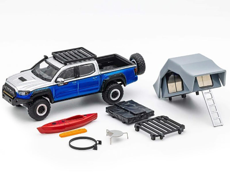 Toyota Tacoma TRD PRO Pickup Truck Gray and Blue Metallic with Camping Accessories 1/64 Diecast Model Car by GCD