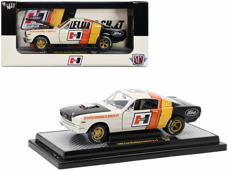 1966 Ford Mustang Fastback 2+2 Off White and Black with Red and Yellow Stripes "Hurst Shifters" Limited Edition to 6000 pieces Worldwide 1/24 Diecast Model Car by M2 Machines