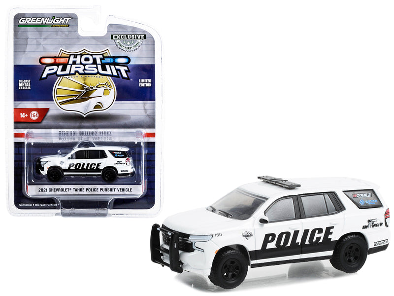 2021 Chevrolet Tahoe Police Pursuit Vehicle (PPV) White with Black Stripes "General Motors Fleet Police Show Vehicle" "Hot Pursuit - Hobby Exclusive" Series 1/64 Diecast Model Car by Greenlight