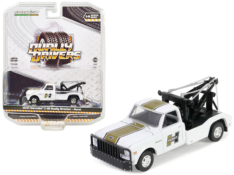 1972 Chevrolet C-30 Dually Wrecker Tow Truck White with Gold Stripes "Hurst" "Dually Drivers" Series 14 1/64 Diecast Model Car by Greenlight