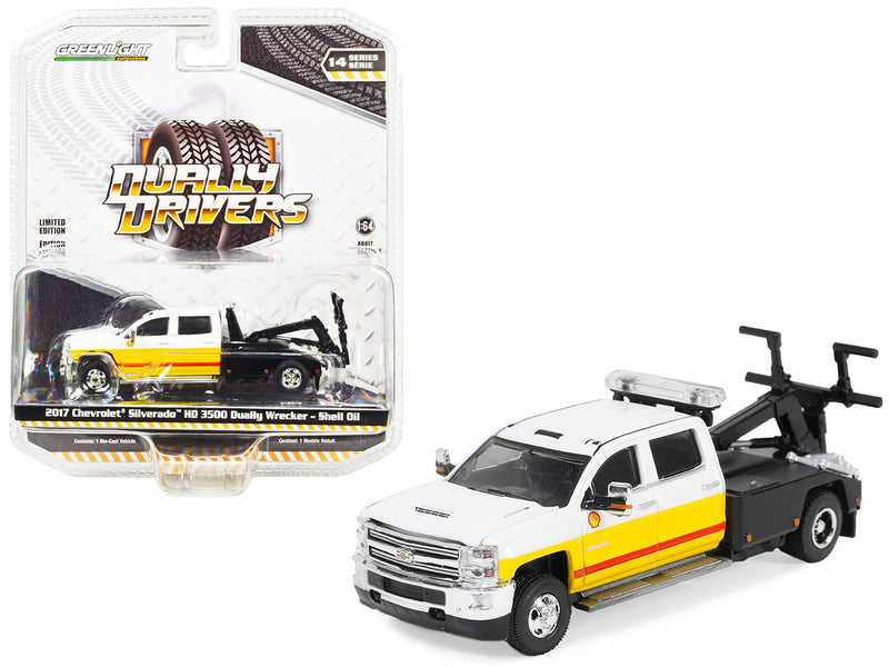 2017 Chevrolet Silverado HD 3500 Dually Wrecker Tow Truck White with Red and Yellow Stripes "Shell Oil" "Dually Drivers" Series 14 1/64 Diecast Model Car by Greenlight