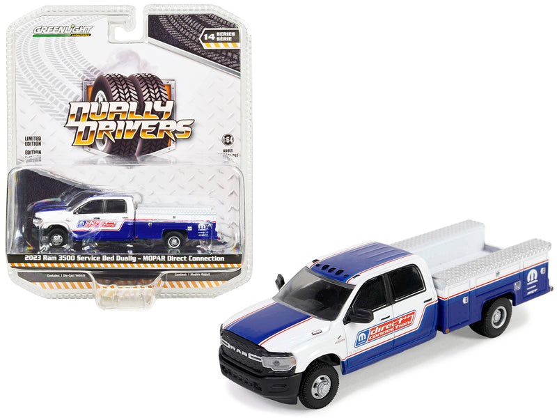 2023 Ram 3500 Service Bed Dually Pickup Truck White and Blue "Mopar Direct Connection" "Dually Drivers" Series 14 1/64 Diecast Model Car by Greenlight