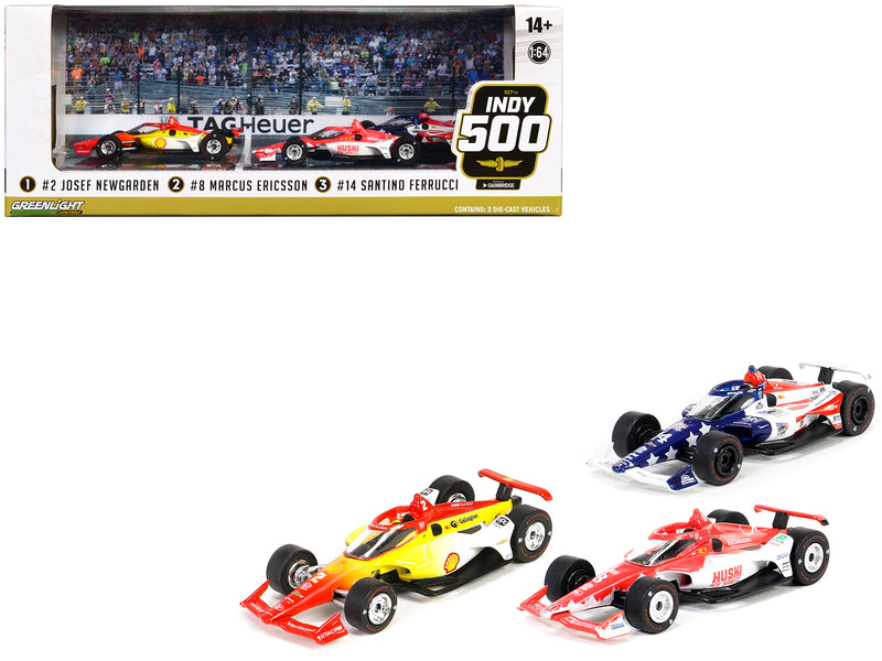 "107th Indianapolis 500" (2023) Podium Set of 3 IndyCars 1/64 Diecast Models by Greenlight