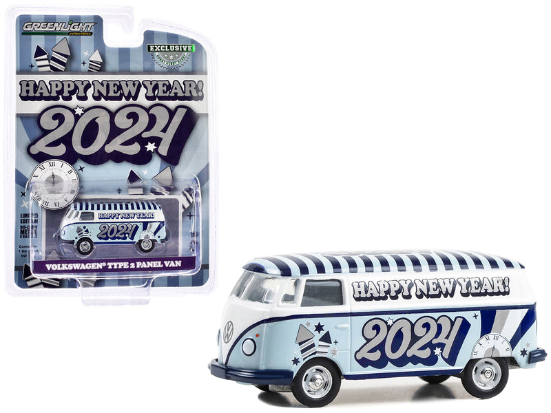 Volkswagen Type 2 Panel Van "Happy New Year 2024" Light Blue and White with Striped Top "Hobby Exclusive" Series 1/64 Diecast Model Car by Greenlight