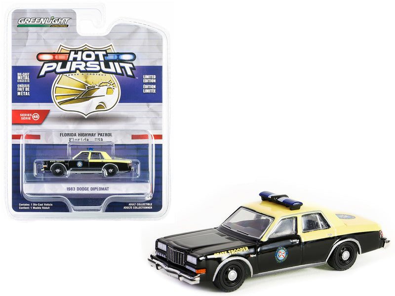 1983 Dodge Diplomat Black and Cream "Florida Highway Patrol State Trooper" "Hot Pursuit" Series 45 1/64 Diecast Model Car by Greenlight
