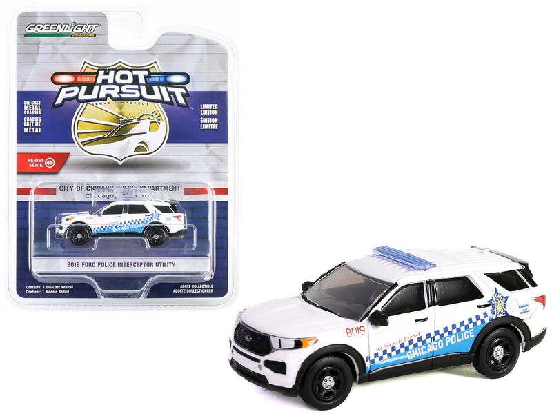 2019 Ford Police Interceptor Utility White with Blue Graphics "City of Chicago Police Department - Chicago, Illinois" "Hot Pursuit" Series 45 1/64 Diecast Model Car by Greenlight