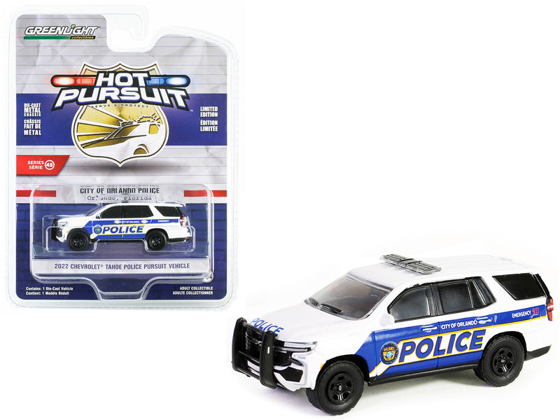 2022 Chevrolet Tahoe Police Pursuit Vehicle (PPV) White with Blue Stripes "City of Orlando Police - Orlando Florida" "Hot Pursuit" Series 45 1/64 Diecast Model Car by Greenlight