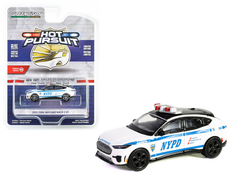2022 Ford Mustang Mach-E GT White with Blue Stripes "NYPD (New York City Police Department)" "Hot Pursuit" Series 45 1/64 Diecast Model Car by Greenlight