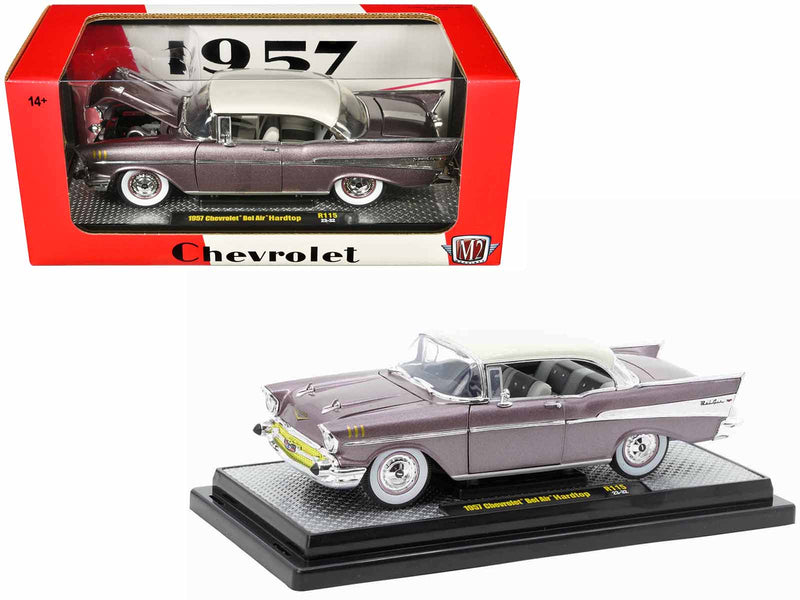1957 Chevrolet Bel Air Hardtop Purple Metallic with Crean Top Limited Edition to 6250 pieces Worldwide 1/24 Diecast Model Car by M2 Machines