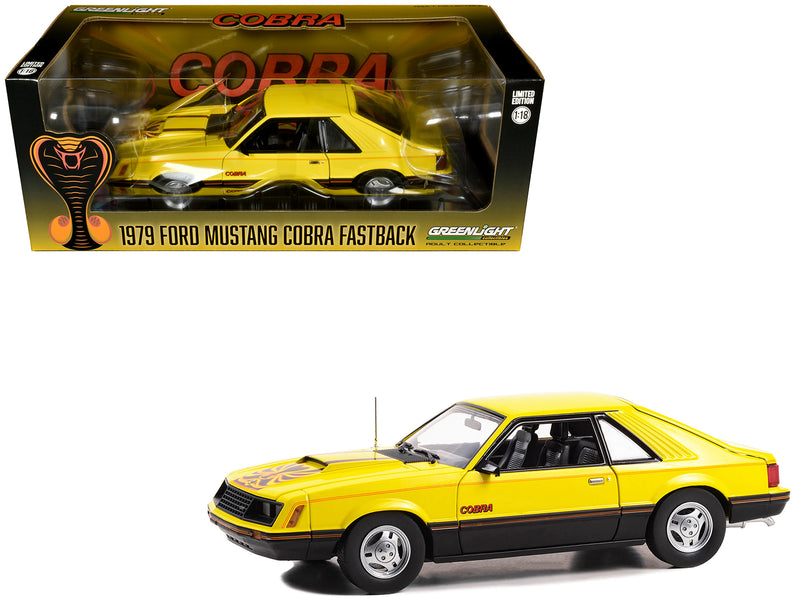 1979 Ford Mustang Cobra Fastback Bright Yellow with Black and Red Cobra Hood Graphics 1/18 Diecast Model Car by Greenlight