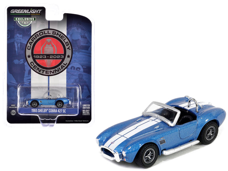 1965 Shelby Cobra 427 SC Guardsman Blue Metallic with White Stripes "Carroll Shelby Centennial" "Hobby Exclusive" Series 1/64 Diecast Model Car by Greenlight