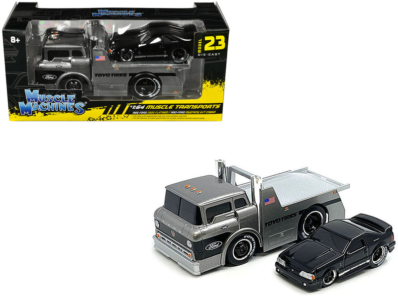 1966 Ford C600 Flatbed Truck Gray Metallic and 1993 Ford Mustang SVT Cobra Black "Toyo Tires" "Muscle Transports" Series 1/64 Diecast Models by Muscle Machines