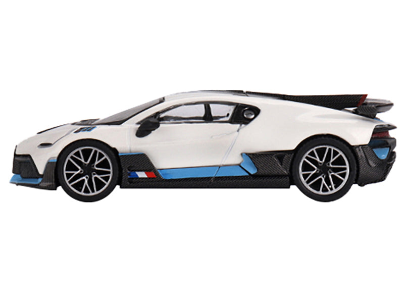 Bugatti Divo White with Carbon Top and Blue Stripes Limited Edition to 3600 pieces Worldwide 1/64 Diecast Model Car by True Scale Miniatures