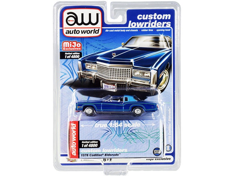 1975 Cadillac Eldorado Dark Blue Metallic with Light Blue (Partial) Vinyl Top "Custom Lowriders" Limited Edition to 4800 pieces Worldwide 1/64 Diecast Model Car by Auto World