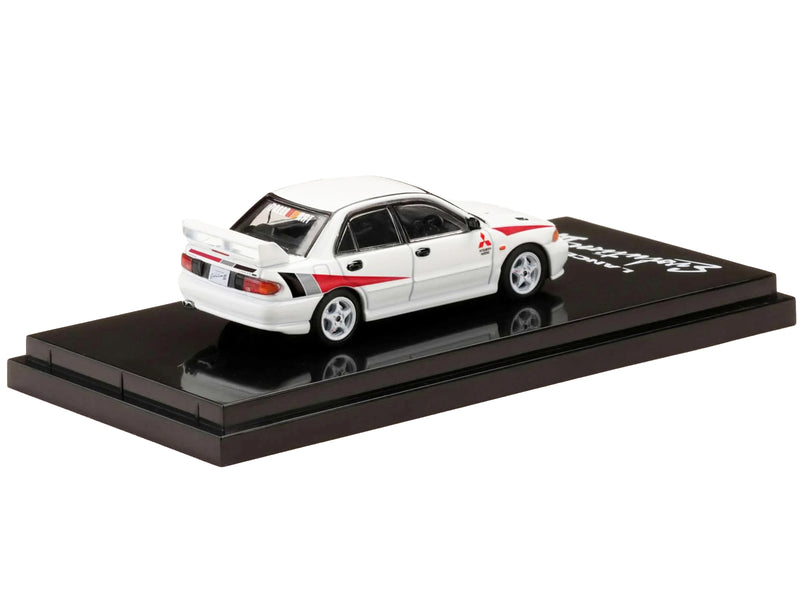 Mitsubishi Lancer RS Evolution III RHD (Right Hand Drive) Scortia White with Red Rally Stripes 1/64 Diecast Model Car by Hobby Japan