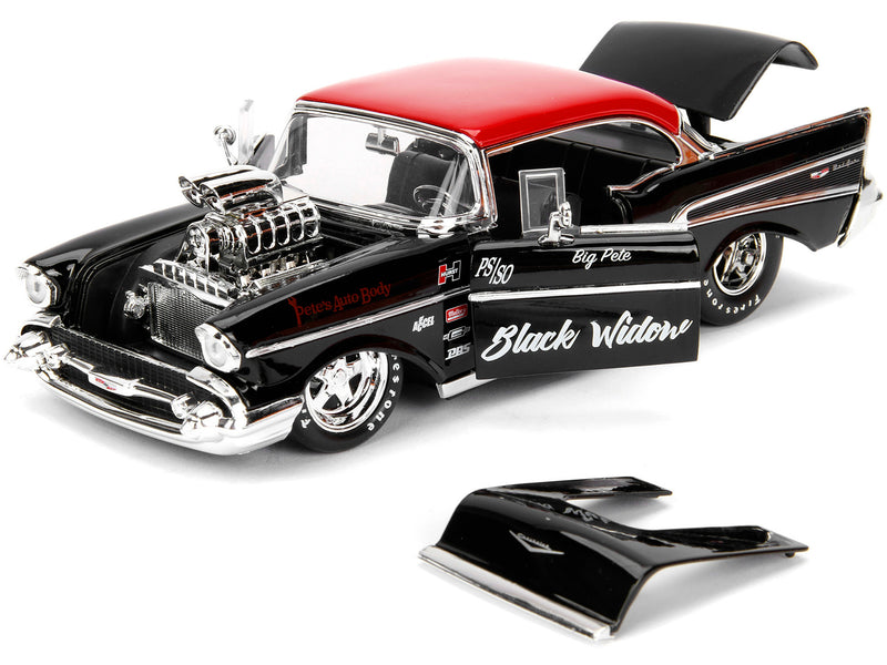 1957 Chevrolet Bel Air Black with Red Top "Pete's Auto Body: Black Widow" "Bigtime Muscle" Series 1/24 Diecast Model Car by Jada