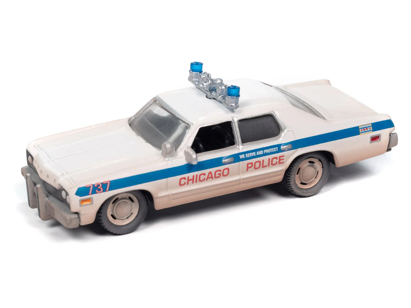 1975 Dodge Monaco "Chicago Police" White (Dirty Version) "Blues Brothers" (1980) Movie "Pop Culture" 2024 Release 2 1/64 Diecast Model Car by Johnny Lightning