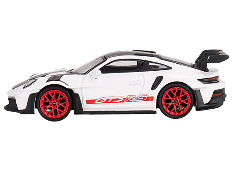 Porsche 911 (992) GT3 RS Weissach Package White with Pyro Red and Carbon Stripes and Carbon Top Limited Edition to 7200 pieces Worldwide 1/64 Diecast Model Car by Mini GT