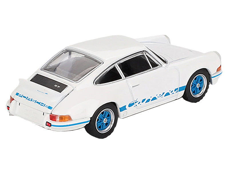 Porsche 911 Carrera RS 2.7 Grand Prix White with Blue Stripes and Wheels Limited Edition to 4800 pieces Worldwide 1/64 Diecast Model Car by Mini GT