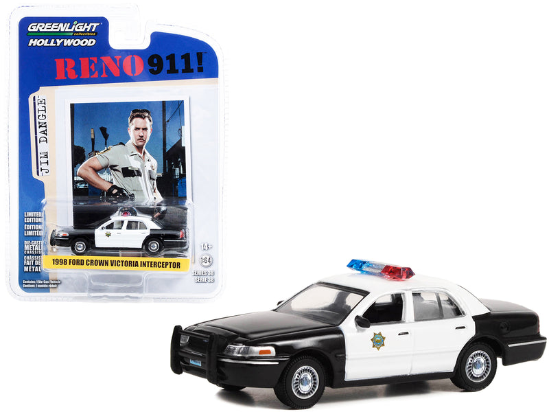 1998 Ford Crown Victoria Police Interceptor Black and White Reno Sheriff's Department "Lieutenant Jim Dangle" "Reno 911!" (2003-2009) TV Series "Hollywood Series" Release 38 1/64 Diecast Model Car by Greenlight