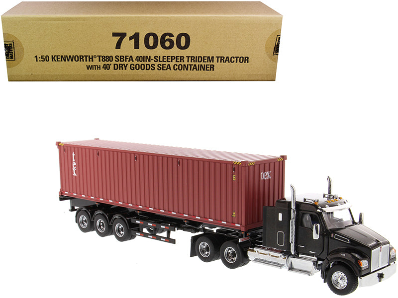 Kenworth T880 SBFA 40" Sleeper Cab Tridem Truck Tractor Black Metallic with Flatbed Trailer and 40' Dry Goods Sea Container "TEX" "Transport Series" 1/50 Diecast Model by Diecast Masters