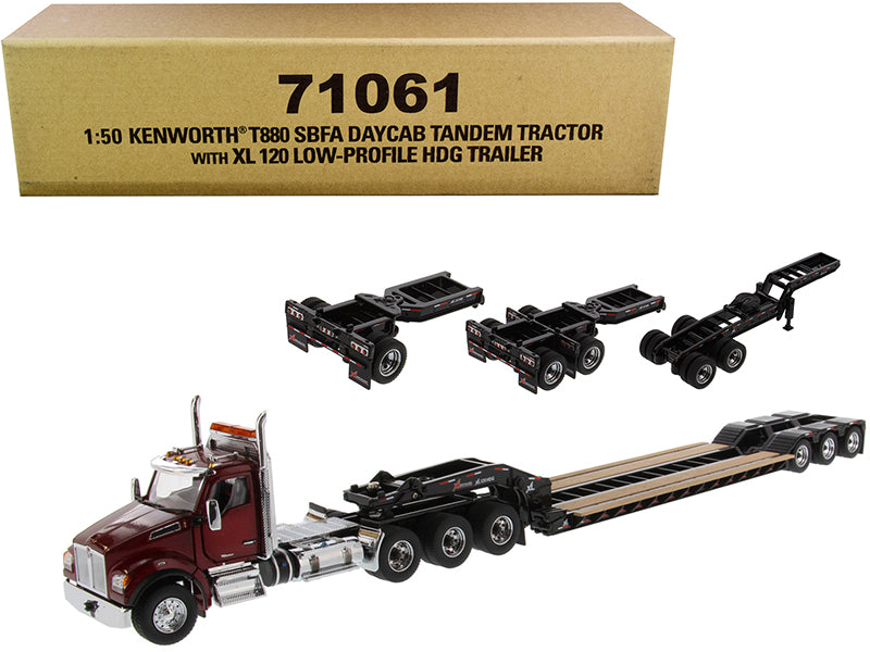 Kenworth T880 SBFA Day Cab Tandem Tractor with XL 120 Low-Profile HDG Trailer with 2 Boosters and Jeep Radiant Red and Black "Transport Series" 1/50 Diecast Model by Diecast Masters