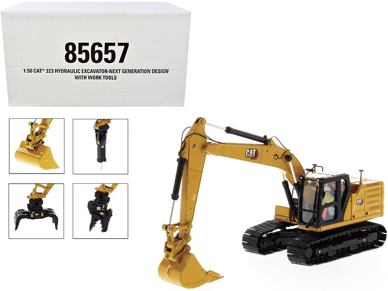 Cat Caterpillar 323 Hydraulic Excavator Next Generation Design with Operator and 4 Work Tools "High Line Series" 1/50 Diecast Model by Diecast Masters