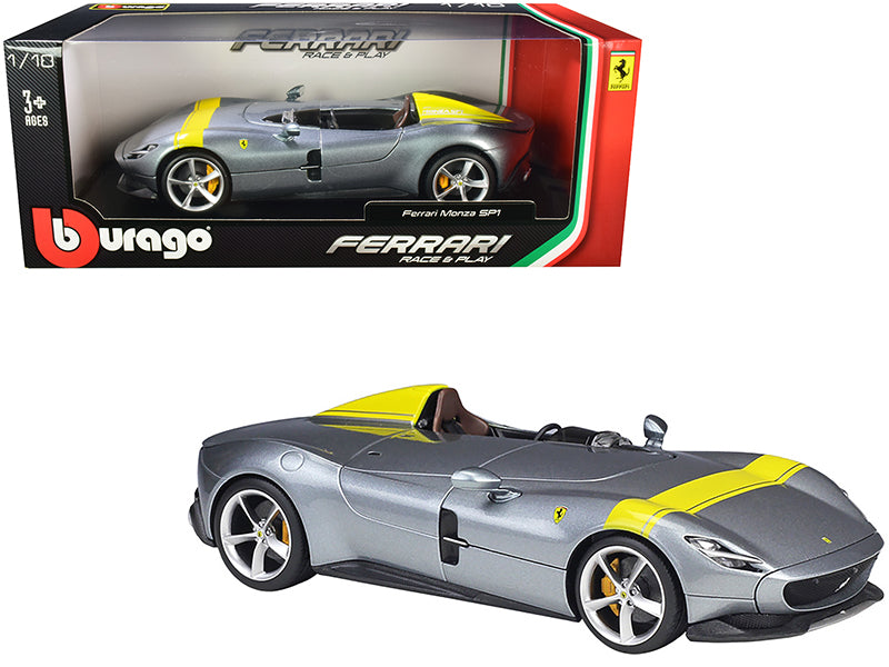 Ferrari Monza SP1 Silver Metallic with Yellow Stripes 1/18 Diecast Model Car by Bburago