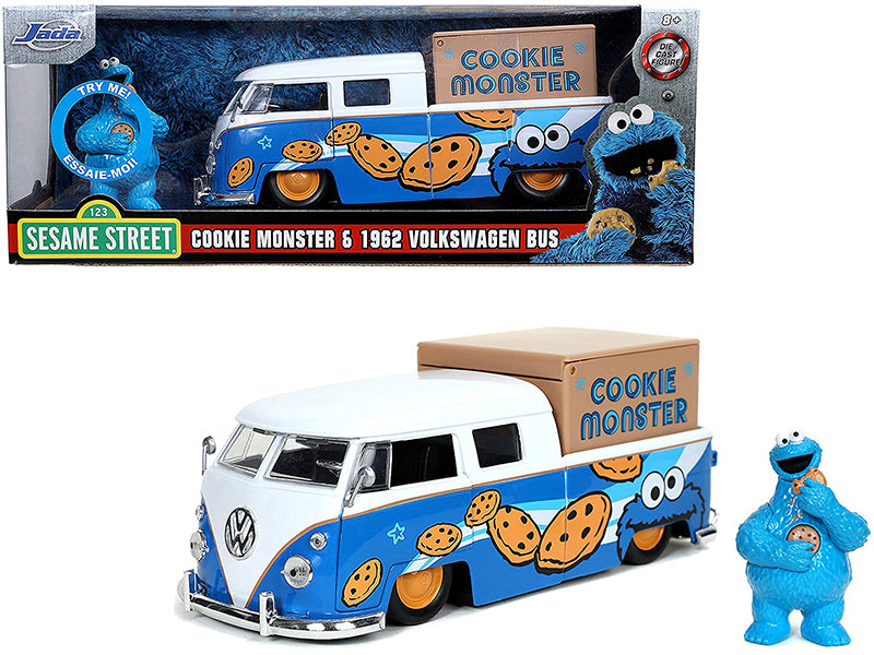 1962 Volkswagen Pickup Bus with Cookie Monster Diecast Figurine with Sound "Sesame Street" TV Series 1/24 Diecast Model Car by Jada