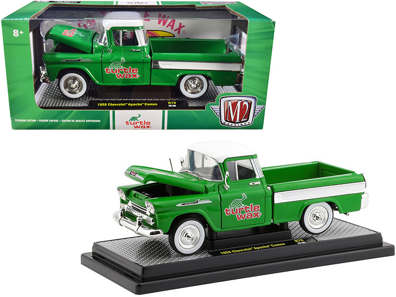 1958 Chevrolet Apache Cameo Pickup Truck Green with White Top and White Stripes "Turtle Wax" Limited Edition to 6880 pieces Worldwide 1/24 Diecast Model Car by M2 Machines