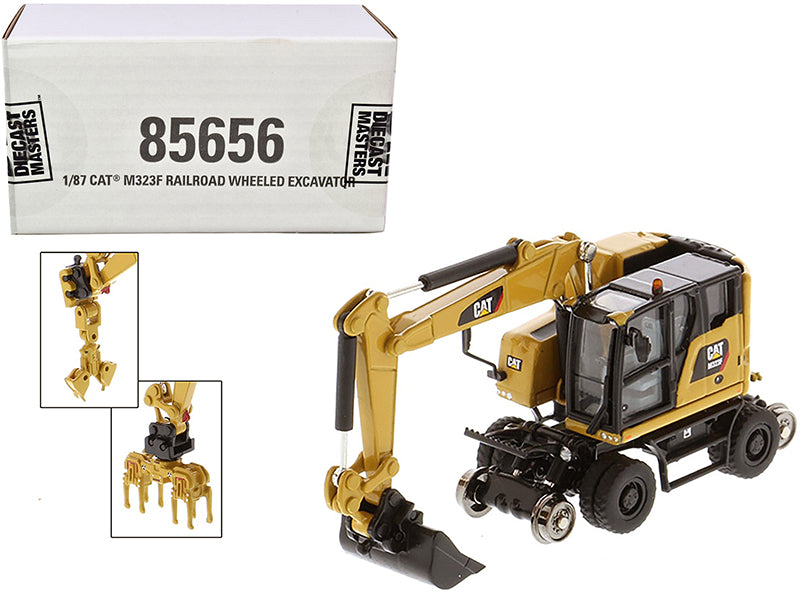 CAT Caterpillar M323F Railroad Wheeled Excavator with 3 Accessories (CAT Yellow Version) "High Line" Series 1/87 (HO) Scale Diecast Model by Diecast Masters