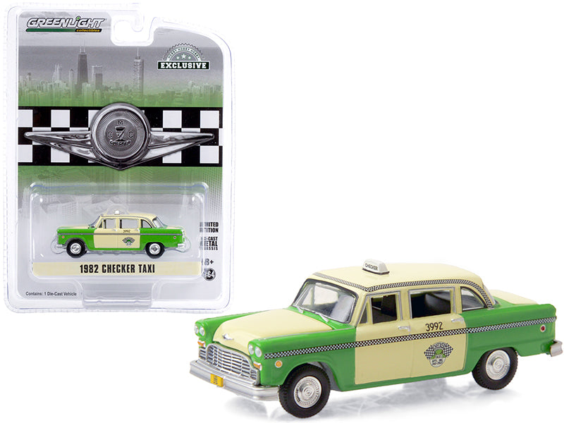 1982 Checker Taxi Green and Yellow "Checker Taxi Affl Inc." Chicago (Illinois) "Hobby Exclusive" 1/64 Diecast Model Car by Greenlight