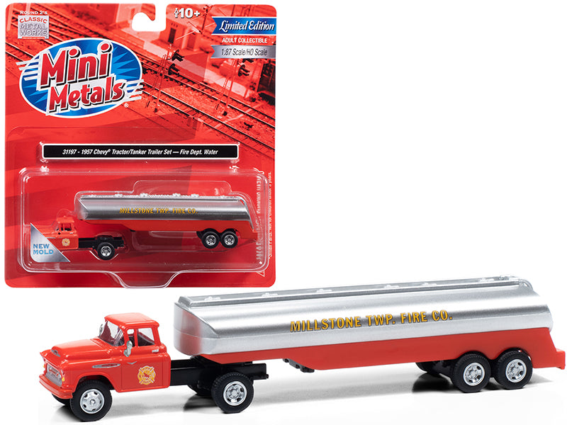1957 Chevrolet Truck Tractor with Tanker Trailer Orange and Silver "Millstone Township Fire Co." 1/87 (HO) Scale Model by Classic Metal Works