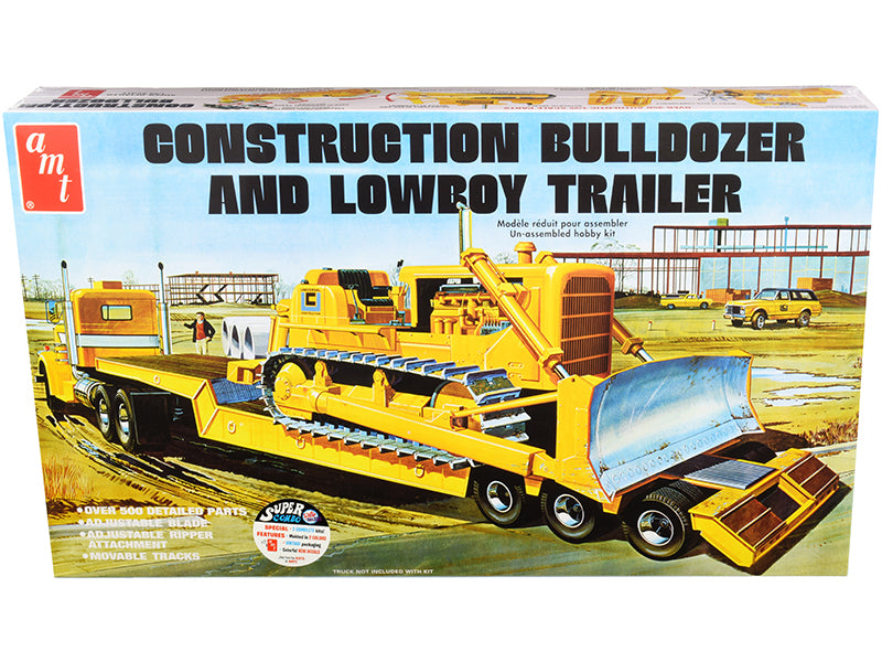 Skill 3 Model Kit Construction Bulldozer and Lowboy Trailer Set of 2 pieces 1/25 Scale Model by AMT