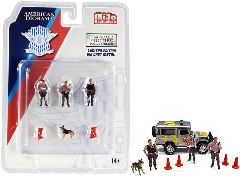 "Police" 8 piece Diecast Set (3 Figurines and 1 Dog and 4 Accessories) for 1/64 Scale Models by American Diorama