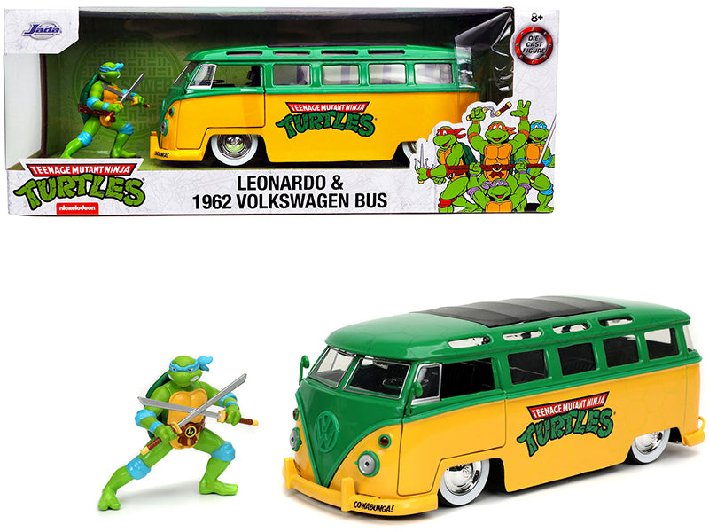 1962 Volkswagen Bus Yellow and Green with Leonardo Diecast Figurine "Teenage Mutant Ninja Turtles" TV Series 1/24 Diecast Model Car by Jada